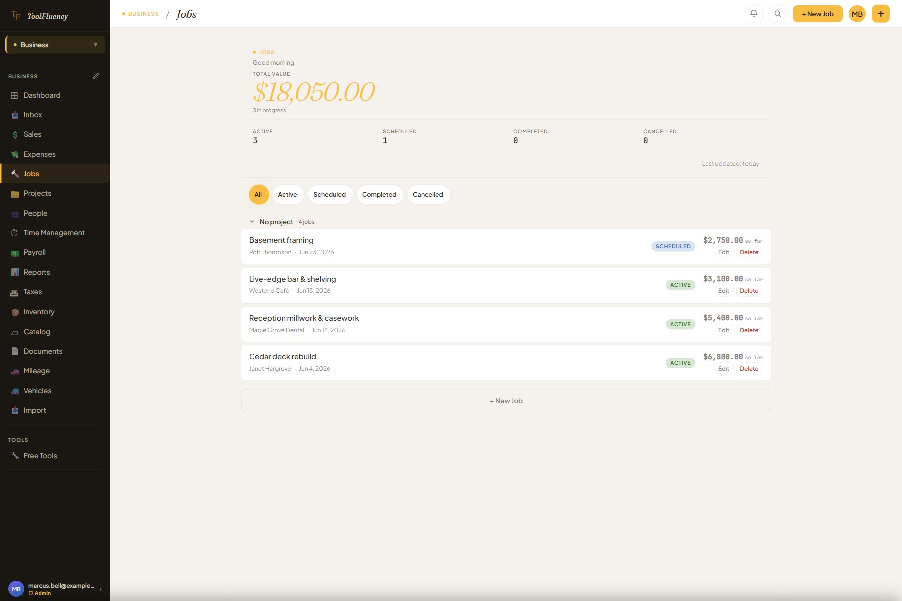 ToolFluency Jobs page showing a list of active, scheduled, and completed jobs with customer names, agreement types, and billable values