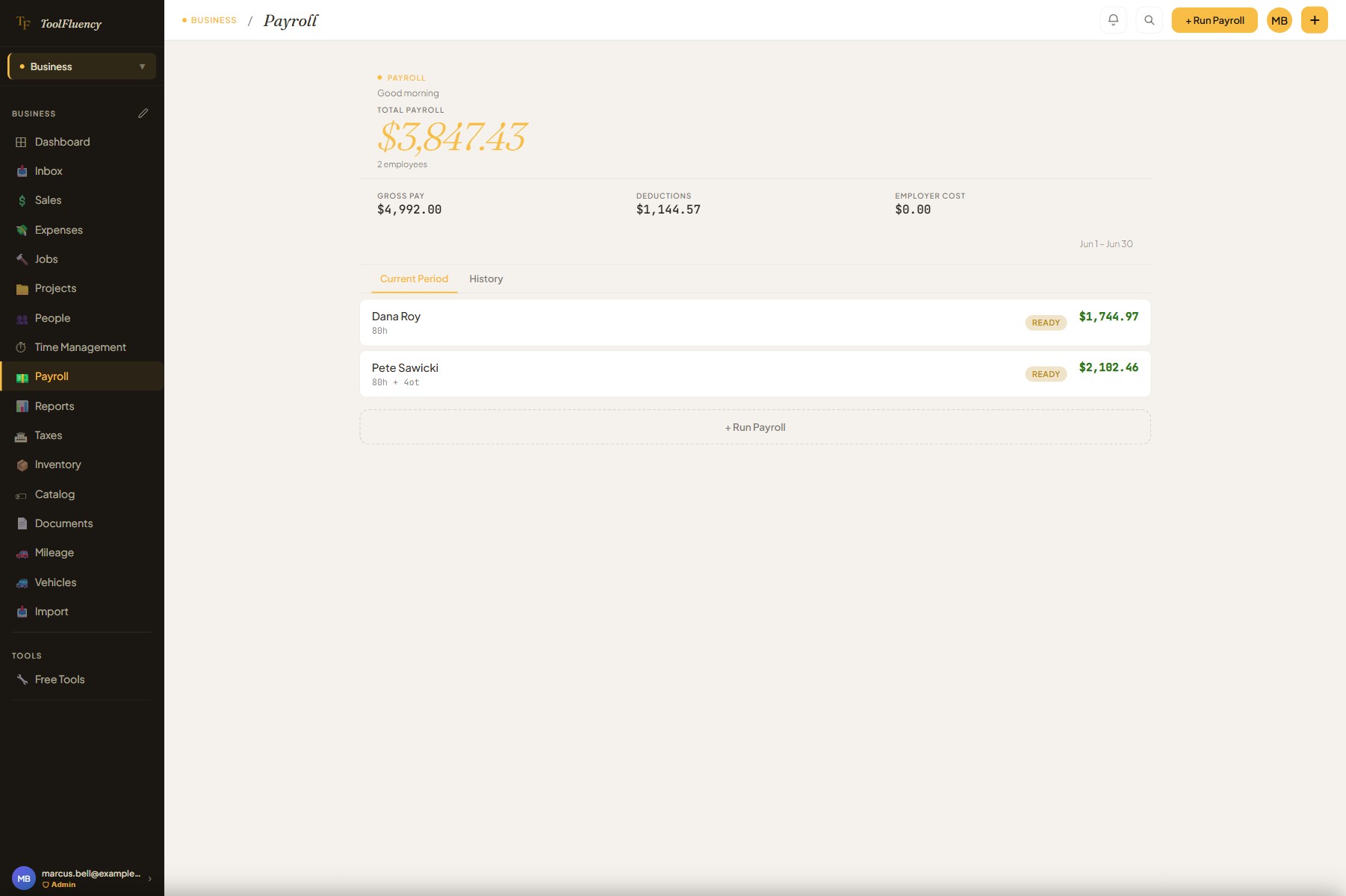ToolFluency payroll screen showing employee rows with gross pay, CPP/EI deductions, net pay, and a remittance total for the current pay period
