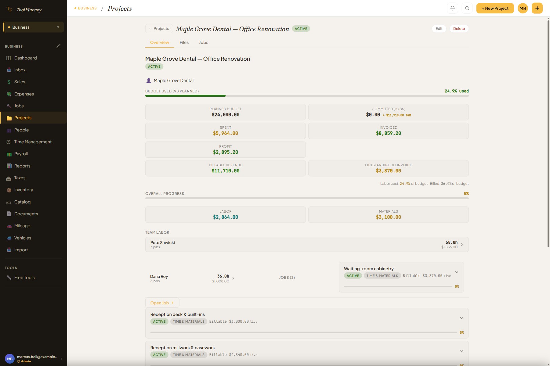 ToolFluency project detail for Maple Grove Dental Office Renovation showing three T&M jobs with billable revenue of $11,710, $8,859 already invoiced, $3,870 outstanding to invoice, profit of $2,895, and a team labour breakdown
