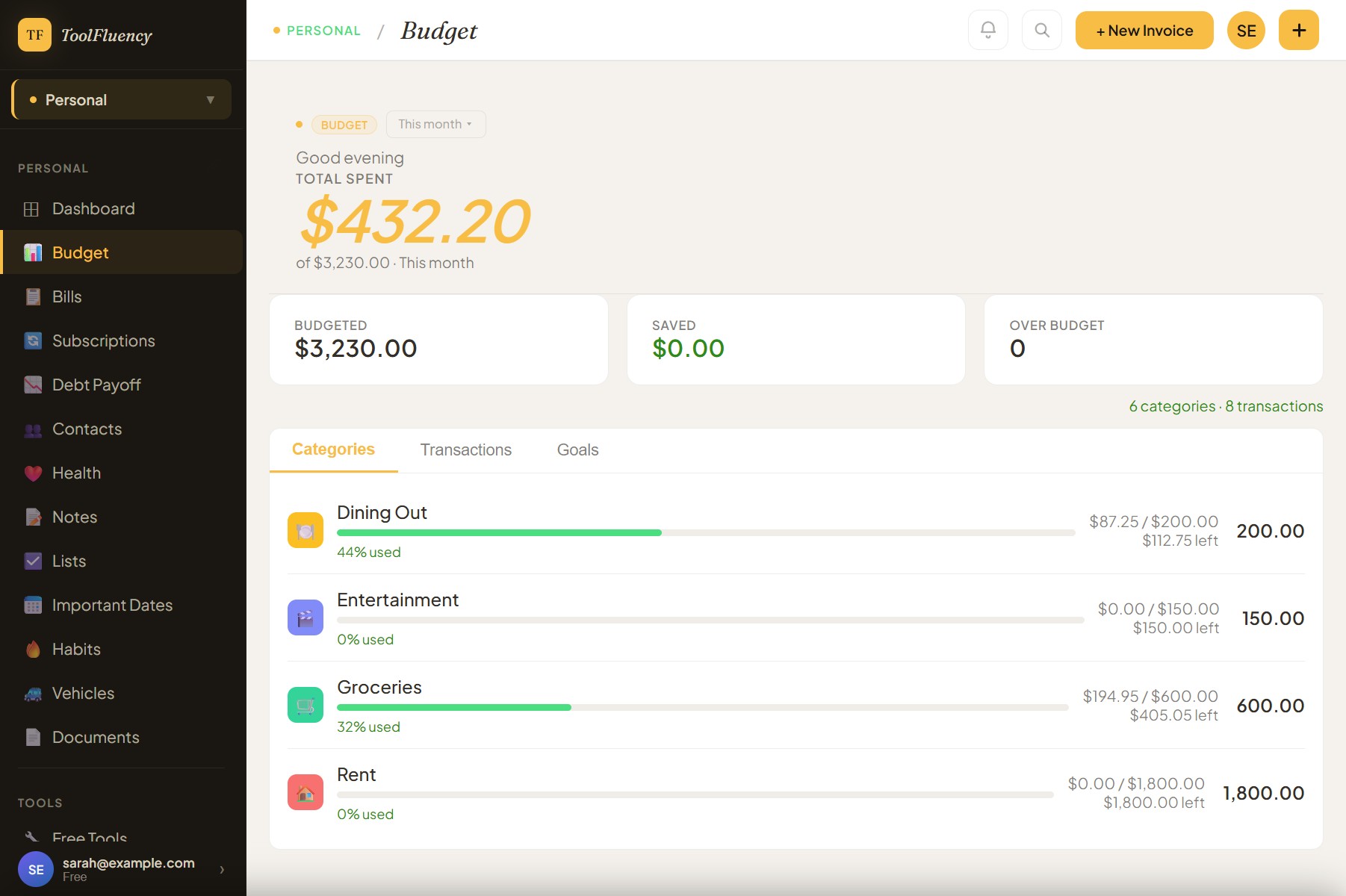 ToolFluency budget page showing spending by category against monthly limits, with a clear breakdown of income versus expenses