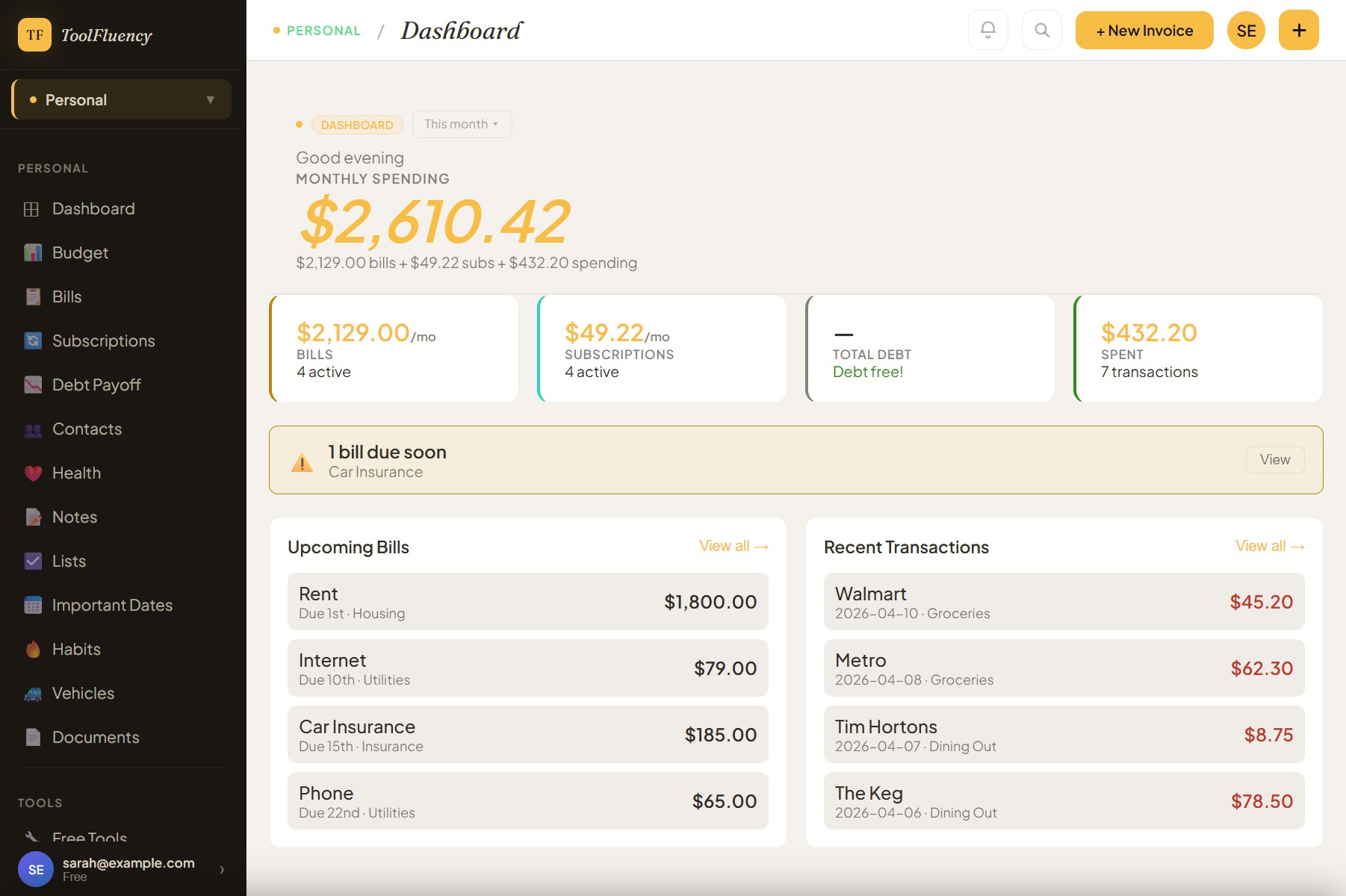ToolFluency personal dashboard showing this month's budget, upcoming bills, subscription totals, and debt payoff progress on one overview screen
