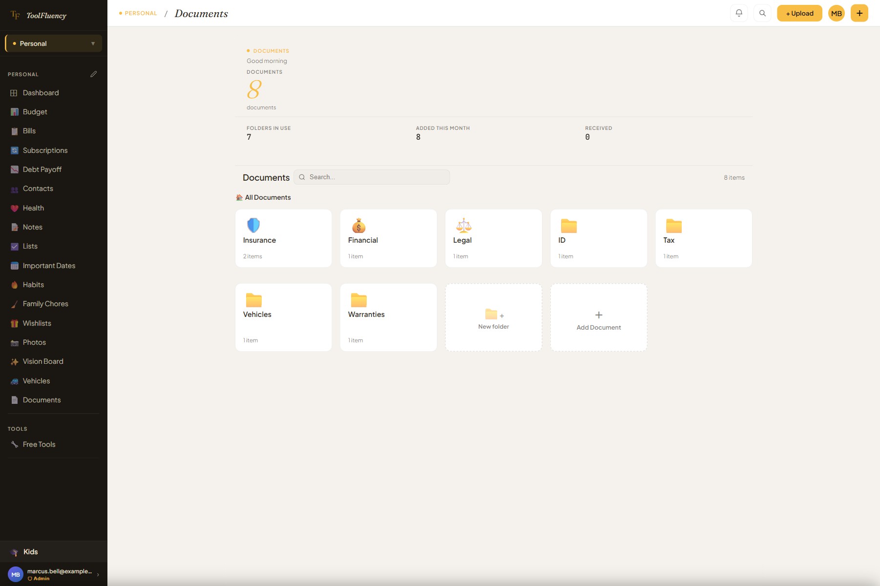 ToolFluency personal documents page showing folders for Insurance, Tax Returns, IDs and Passports, Medical, Vehicles, and Financial — with document tiles inside each folder and a search bar at the top