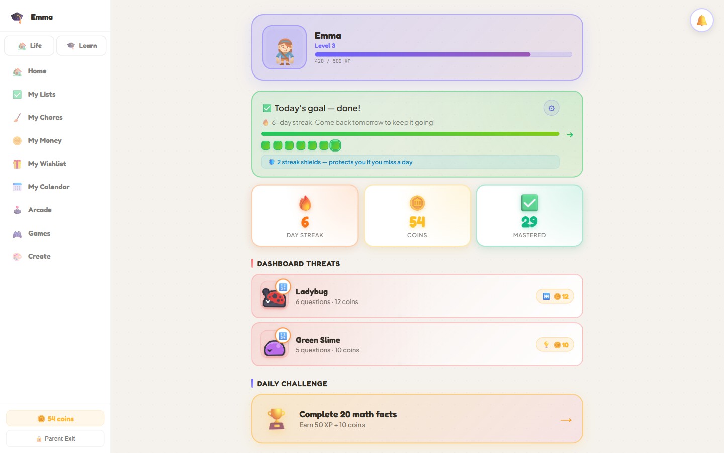 A kid's ToolFluency learning dashboard showing their hero avatar at Level 3, a 6-day practice streak, coins earned, 12 math skills mastered, and gamified math battles
