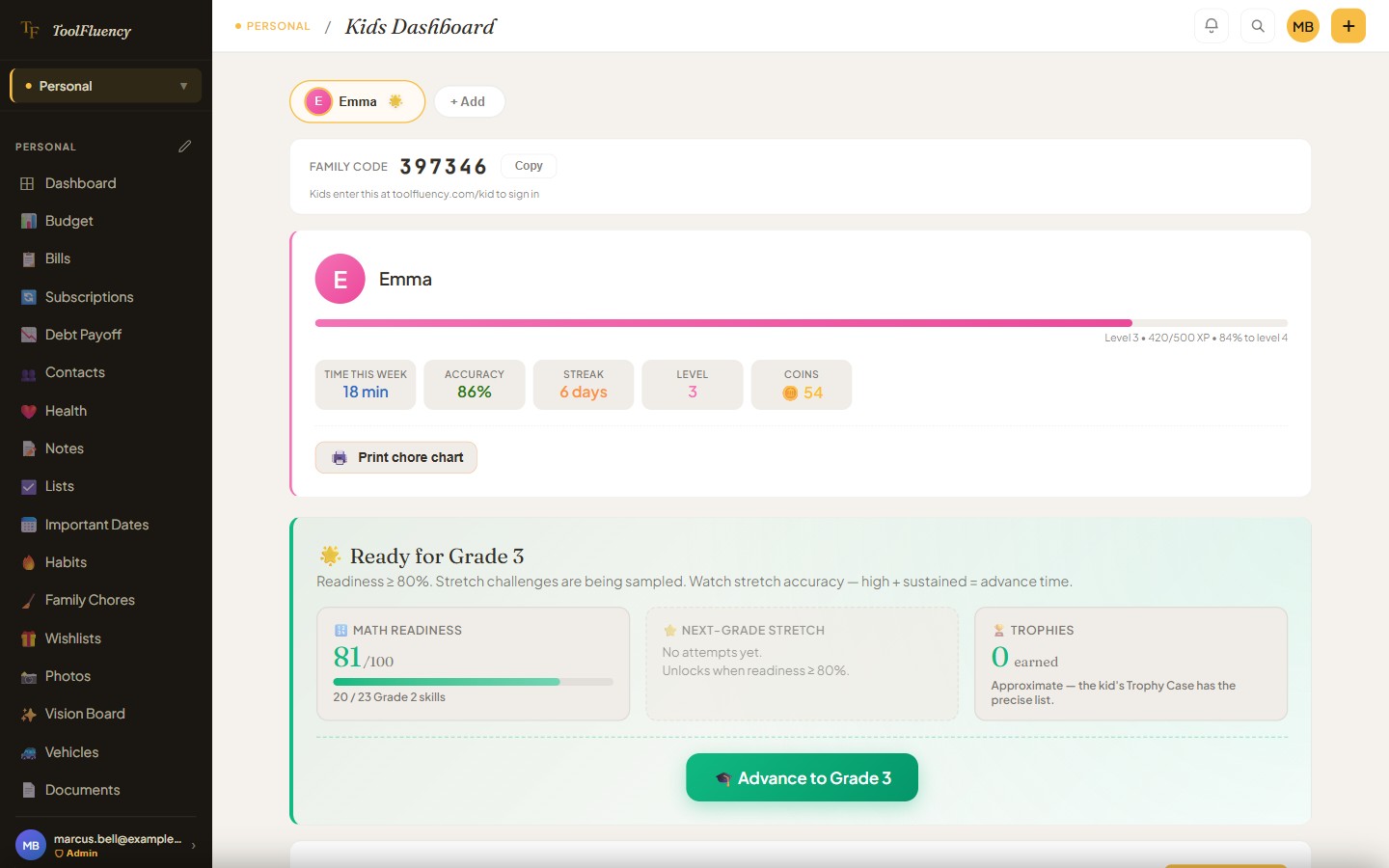 The parent's ToolFluency Kids Dashboard for Emma showing time this week, 86% accuracy, a 6-day streak, level and coins, plus an 81/100 Grade 2 math-readiness score with a Ready for Grade 3 prompt