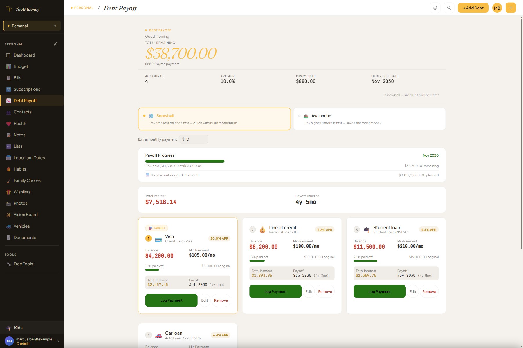 ToolFluency Debt Payoff planner showing debt cards with balances, APR badges, payoff dates, and a progress bar for each account — plus strategy toggle between snowball and avalanche