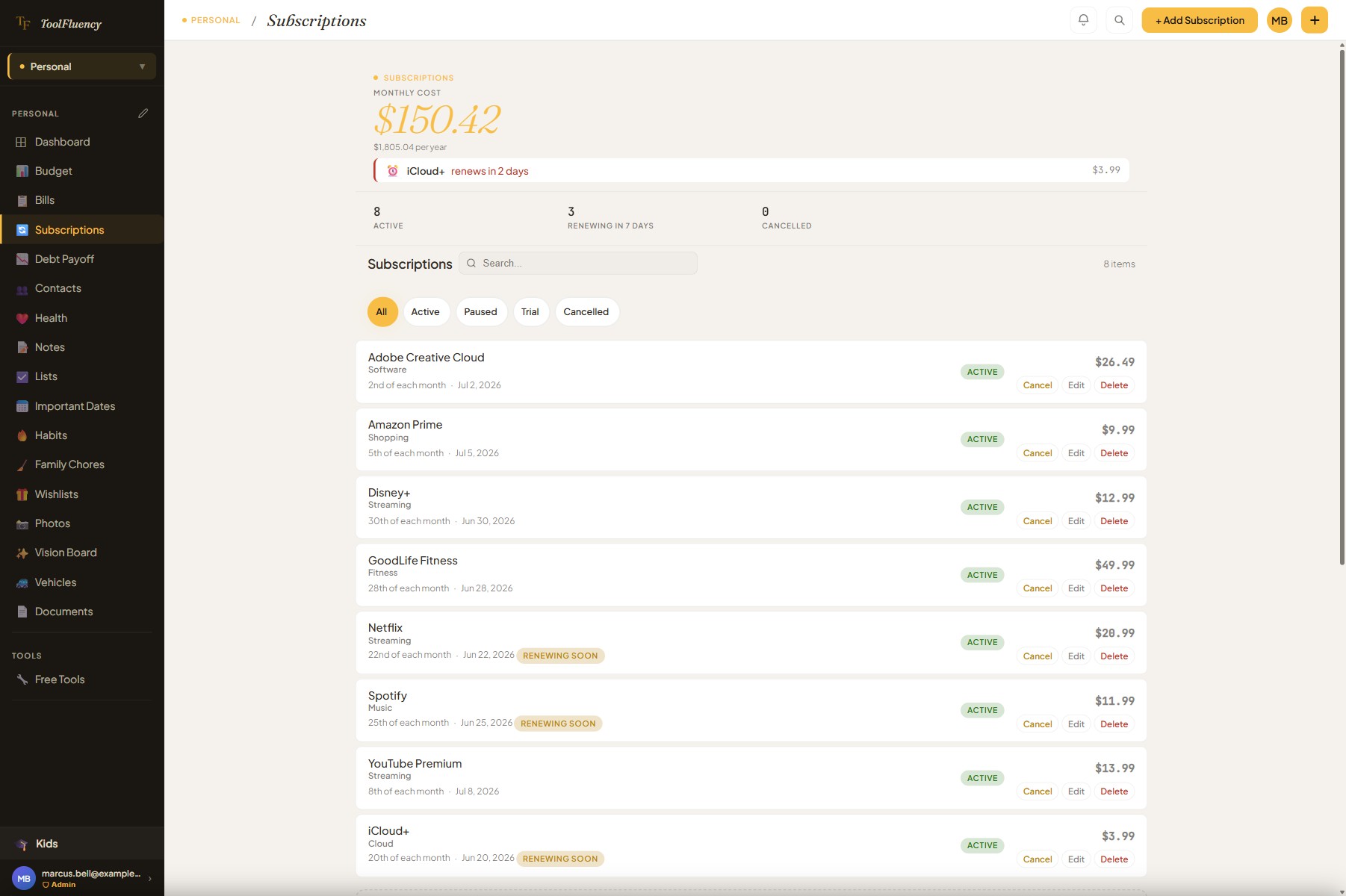 ToolFluency subscription tracker showing a list of subscriptions with monthly amounts, next renewal dates, status badges, and a total monthly cost and annual cost summary at the top
