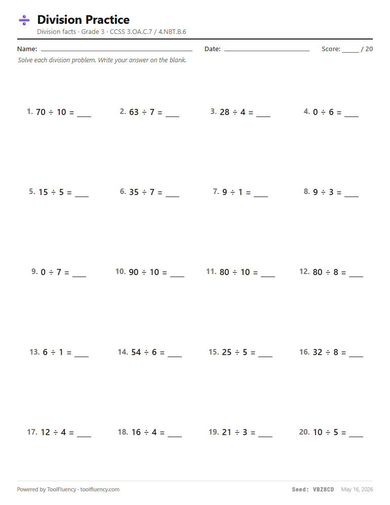 Division worksheet preview