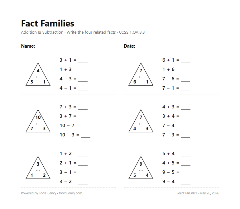 Fact families preview