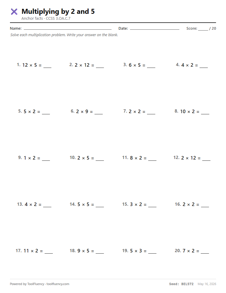 Multiplying by 2 and 5 preview