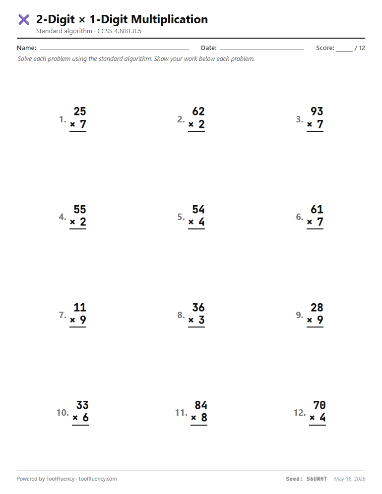 2-digit by 1-digit multiplication preview