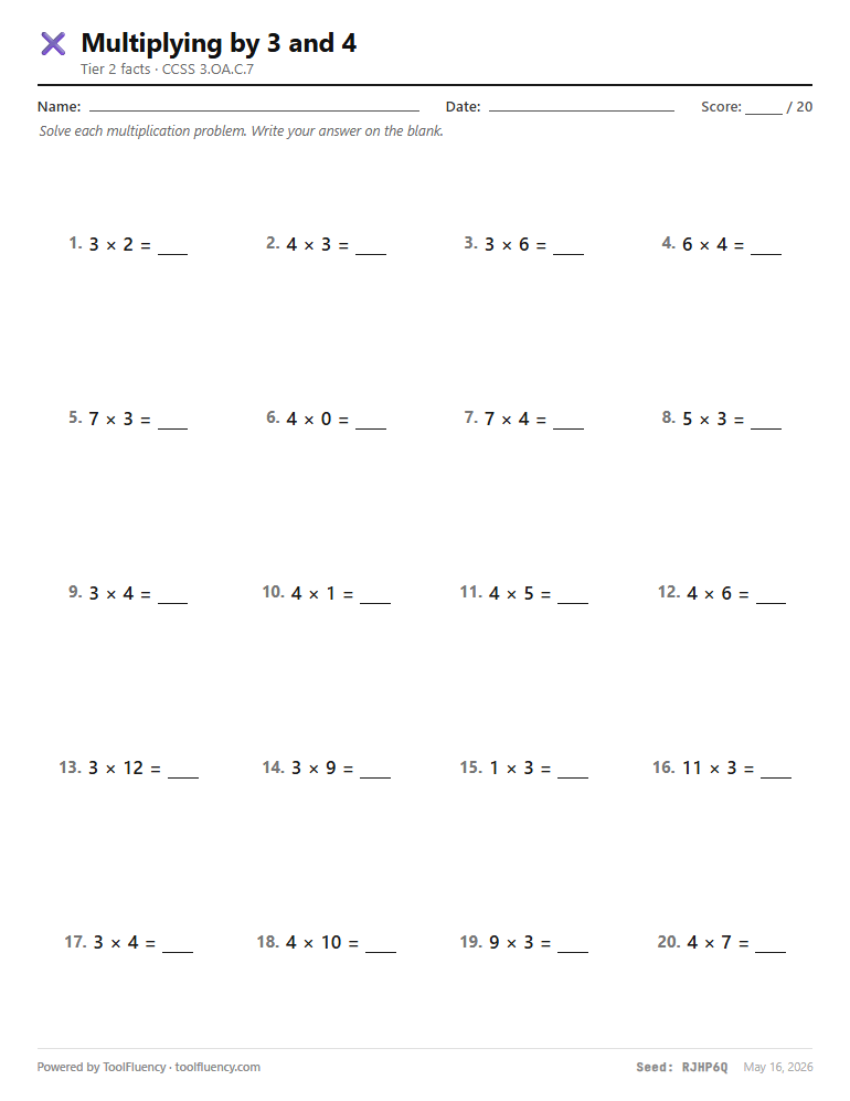 Multiplying by 3 and 4 preview