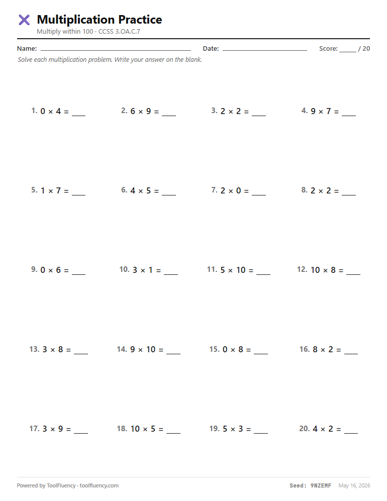 Multiplication worksheet preview