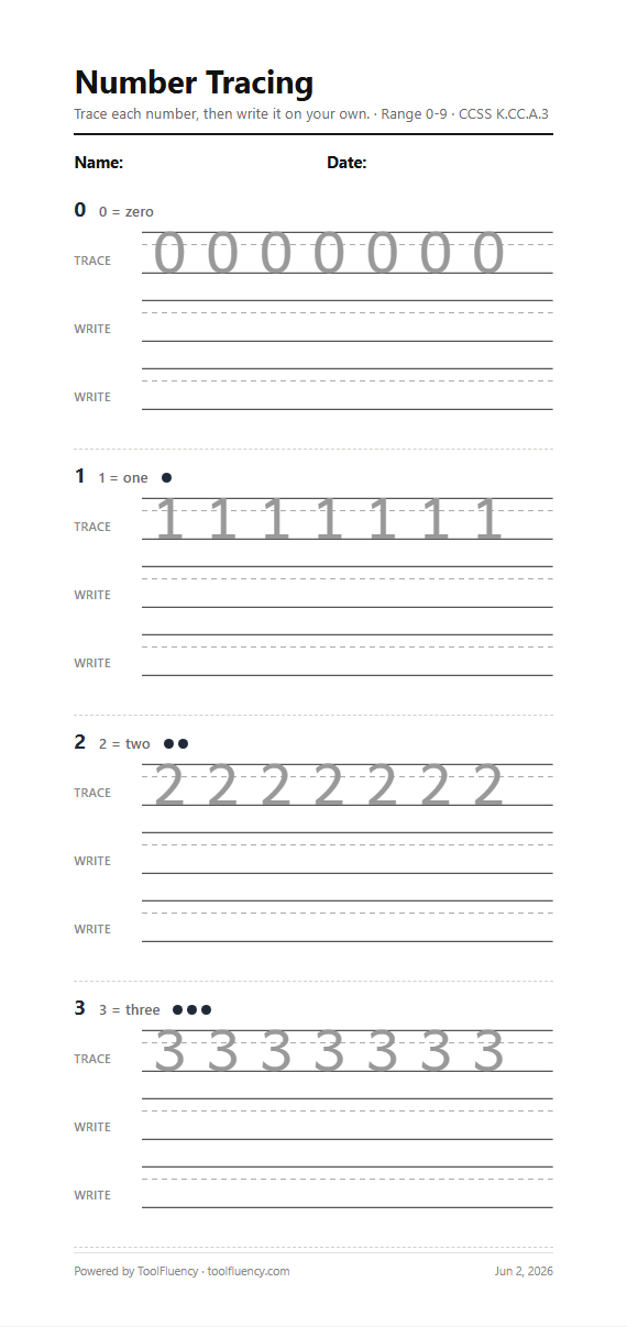 Number tracing worksheet preview