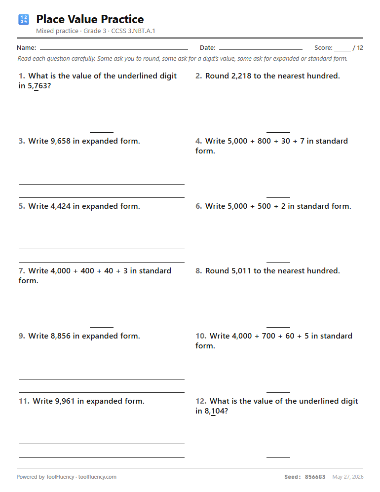 Place value worksheet preview