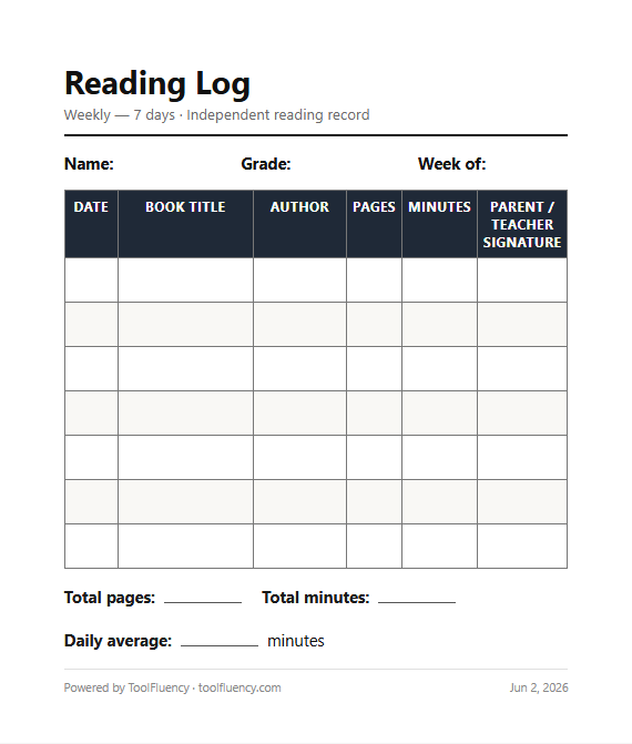 Reading log preview