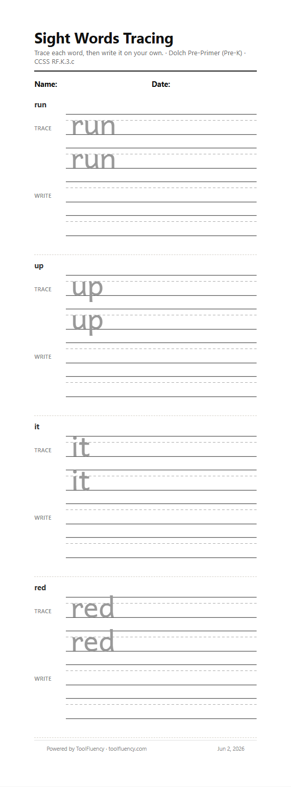 Sight words tracing worksheet preview