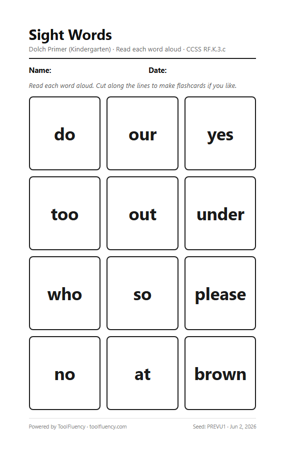 Sight words worksheet preview