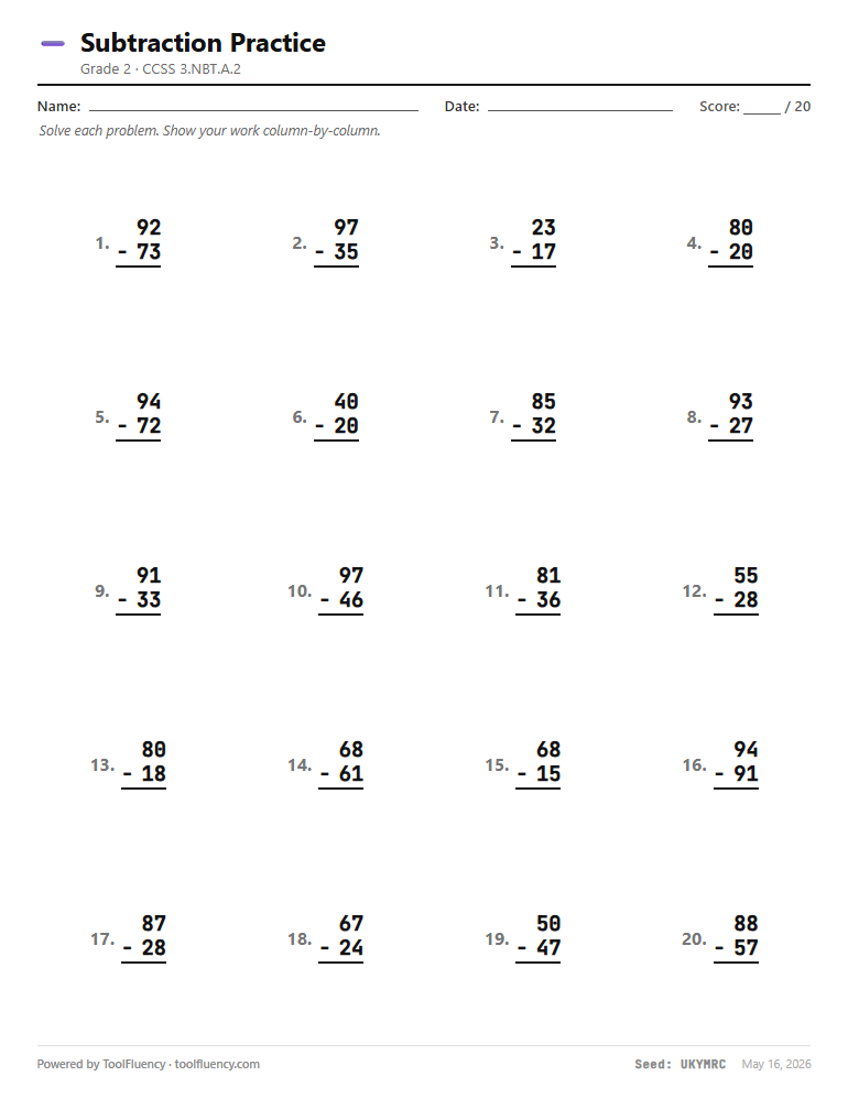 Subtraction worksheet preview