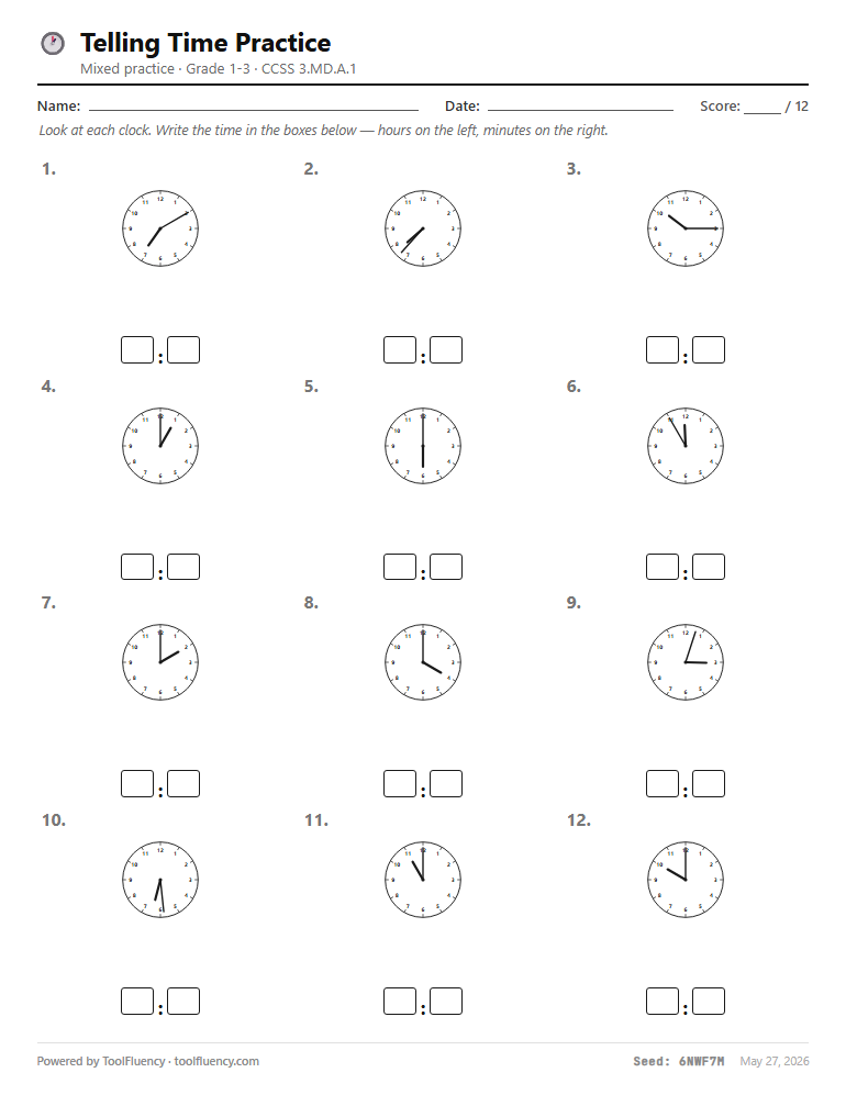 Telling time worksheet preview