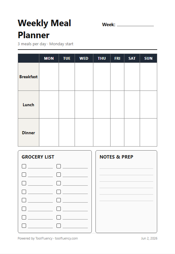 Weekly meal planner preview